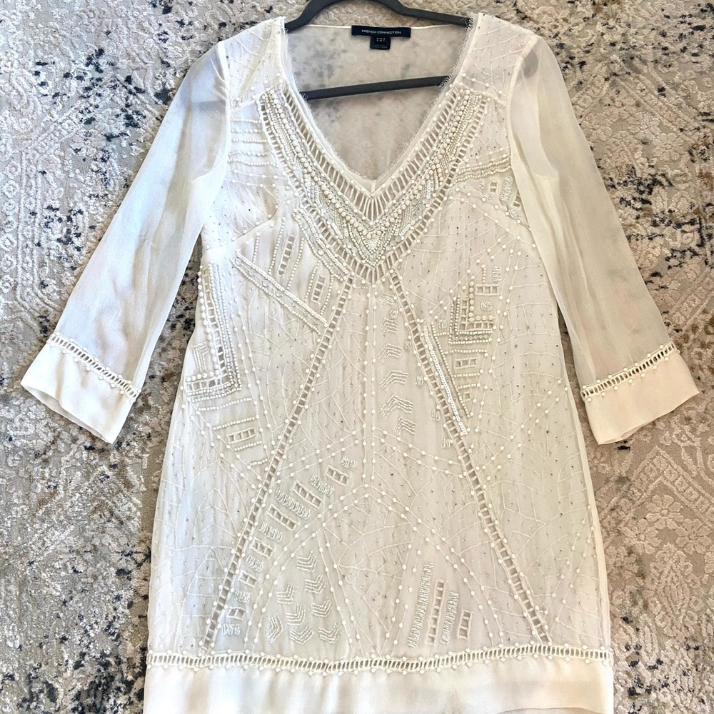 French Connection White Beaded Shift Dress
